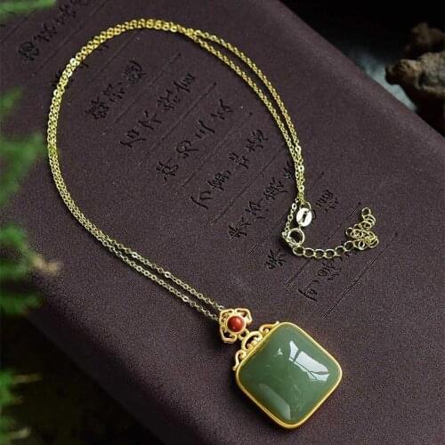 Silver Inlaid Natural Hetian Jade Square Plate Necklace Pendant South Red Buckle Retro Court Style Wear Super Star Styl
