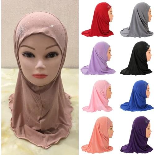 Cute Muslim Girls Hijab Scarf with Rhinestone Decor Islamic Kids Plain Turban Headwrap Shawl Elastic Kid Burqa for 2-7 Years Old