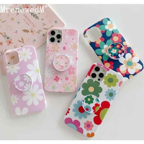 Cute Flower Round Stand Phone Case For iPhone 12 11 Pro X XR XS Max 12 Mini 7 8 Plus SE2 Color Cartoon Floral Silicone IMD Cover