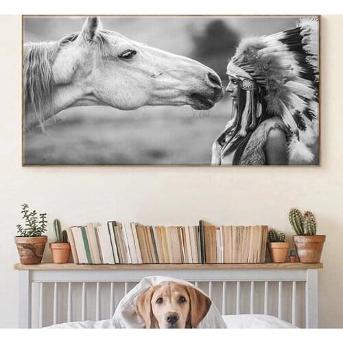 Modern Indian Woman and White Horse Canvas Paintings Posters and Prints Wall Art Abstract Pictures Home Decor Cuadros