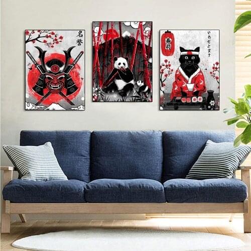 Japanese Samurai and Geisha Giant Panda Canvas Print Painting Wall Art Prints Living Room Office Gallery Home Decor Picture