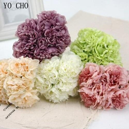 YO CHO Artificial Flower 5 Heads Silk Peony Hydrangea Mini Bouquet Girl Flower Arrangement Fake Peony Home Party Wedding Decor