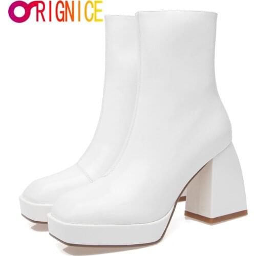 Orignice Fashion Platform Super Block High Heel 9cm Women Ankle Boots Patent Leather Zipper Square Toe Party Dress Shoes White