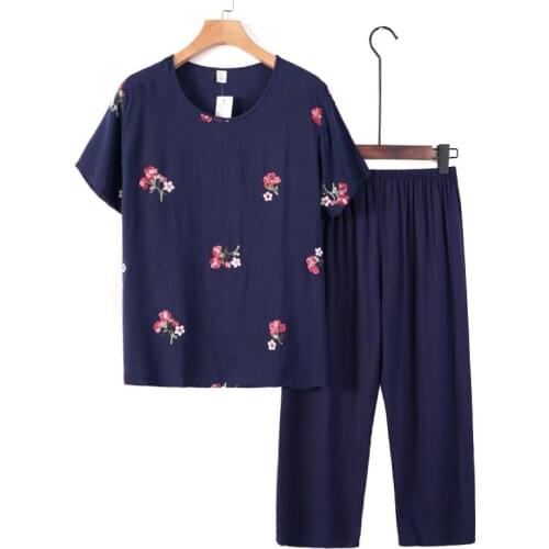 Mother Sets Middle-aged and Elderly 2 Piece Woman Set Loose Top Short Sleeve Linen Womens Summer Printing Pant Suits Two-piece