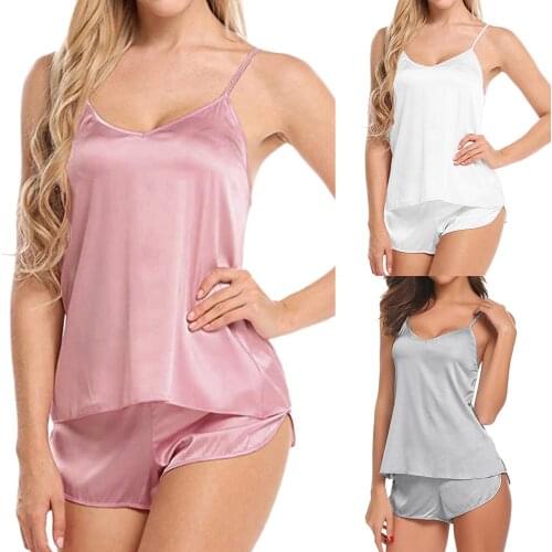 Womens Summer Sexy Simulation Silk V-Neck Lace Suspenders Shorts Pajamas Suit