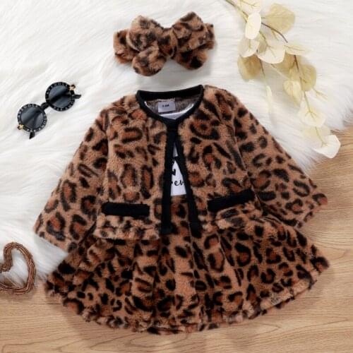 3 Pcs Winter Baby Girls Letter Long Sleeve Dress Leopard Princess Dresses Headband Warm Outwear Cardigan Infant