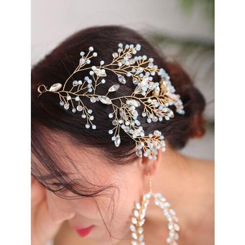 Gold Wedding hair jewelry set Vintage Headband and earrings Handmade Crystal Hair Accessories Bridal tiara Hairstyles Jewellery