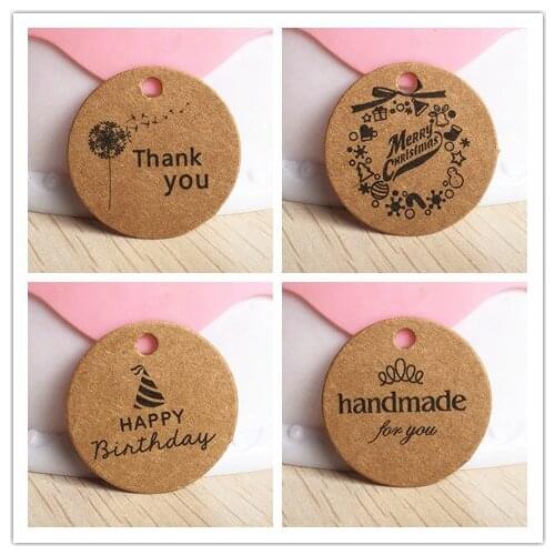 100 pcs 3cm multi cute brown paper gift label tag handmade jewelry charms tag round wedding favors /cookies decorative tag