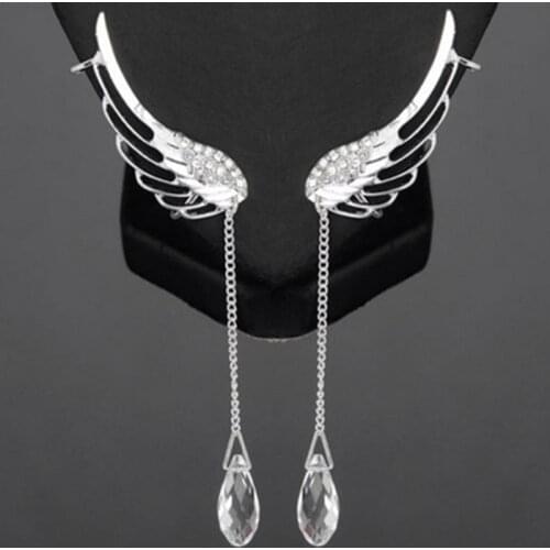 2021New Silver Plated Angel Wing Stylist Crystal Earrings Drop Dangle Ear Stud For Women Long Cuff Earring Bohemia Jewelrys Gift