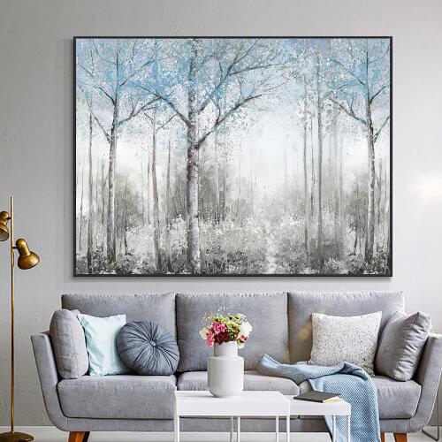 Abstract Blue Trees Painting On Canvas Modern Decorative Wall Art 100% Hand Painted Oil Painting For Living Room Home Decoration