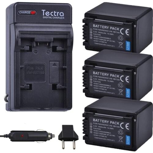 Tectra 3PCS VW-VBT380 VW VBT380 Battery+AC Charger+Car Plug for Panasonic HC-V180GK HC-WX970GK HC-V380GK HC-W580GK W580MGK V380