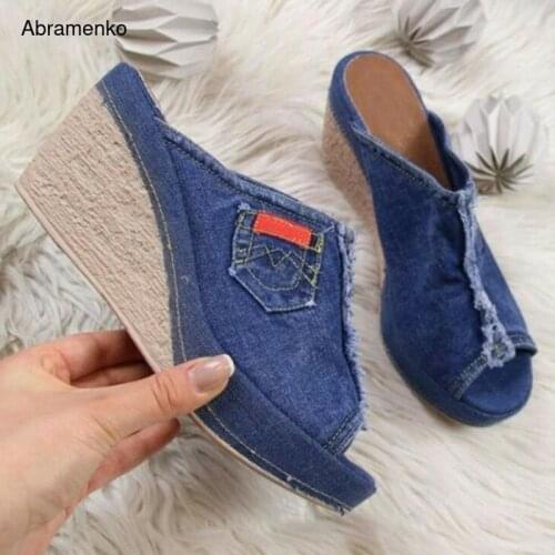 Platform Sandals Wedges Blue Shoes For Women Heels Sandalias Mujer Summer Shoes Denim Womens Women Sandals Plus Size 35-43