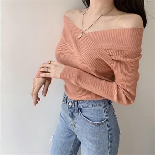 Colorfaith New 2021 Spring Autumn Womens Sweaters Pullover Slash Neck Off Shoulder Sexy Slim Bottoming Solid Lady Tops SW1372