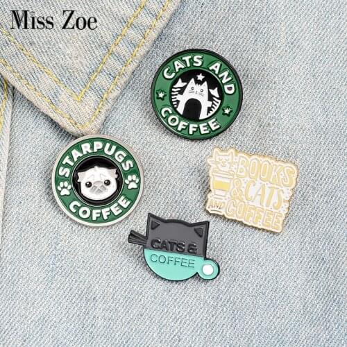 Cats Coffee Enamel Pin Custom Pug Puppy Cat Cafe Brooches Badges Bag Shirt Lapel Pin Buckle Cute Animal Jewelry Gift for Friends