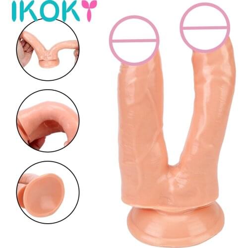 IKOKY With Strong Cup Female Masturbator Realisitic Penis Sex Toys for Women Lesbian Anal Plug Double Dildo Vagina Massage