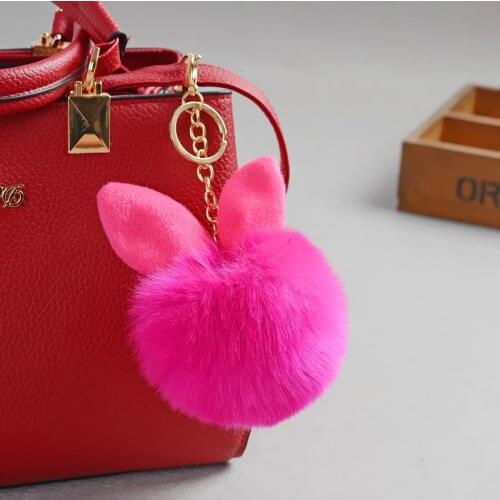 Imitated rabbit fur Ball Key Chains Fashion Rabbit Ear Pendant Woman Handbag Key Ring Delicate Metal Pompom Accessories EH668