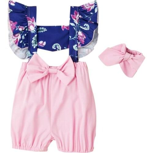 Toddler Baby Girls Summer Cotton Floral Print Fly Short Sleeve Bow-knot Cute Romper For Newborn Outfits Pink Jumpsuits