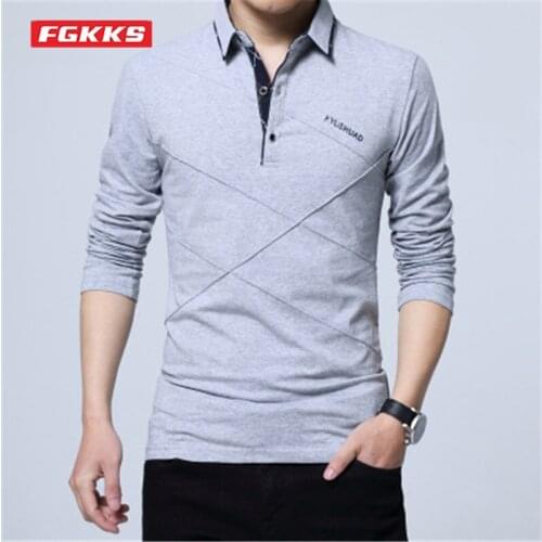 FGKKS Spring Autumn Long Sleeve T-Shirts Men Slim Fit Cotton Polo-Collar Mens Clothing Solid Color Casual Pullover T-Shirts Man
