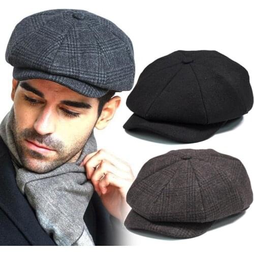 Men Wool Octagonal hat Tweed Newsboy Hat Beret Herringbone Gatsby Hats Street Winter Autumn Vintage British Brim Caps Berets
