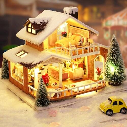 DIY Wooden Christmas Eve Dollhouse Kit Miniature House with Furniture Casa Snow Cottage Dining Room Dollhouse Toys For Children