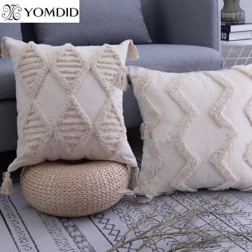 Tassels Cushion Cover 45x45cm Beige Pillow Cover Handmade Square Geometric Home Decoration for Living Room Bed Room Zip Open