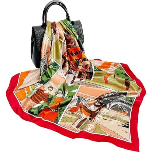 2021 New Imitation Silk Scarf Womens Satin Print Big Shawl 90*90CM with Souvenir Custom Logo Scarf