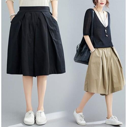 2021 Summer New Cotton Linen Large Size Hakama Women Pure Color Casual Five-point Pants Elastic Waist Wide-leg Pant Female aq278