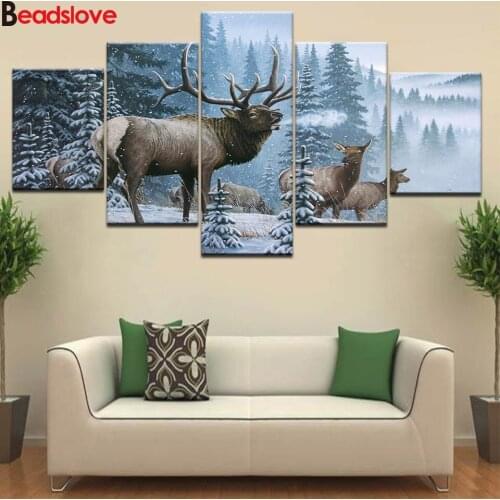 Deer full square round diamond embroidery 5 Piece snow elk diamond painting 5d diy diamond mosaic animals wall stickers