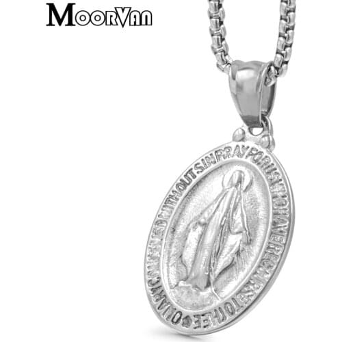 Moorvan ' Virgin Mary ' Gods Mother Religious Pendant Necklace Oval Stainless Steel For Women VP010