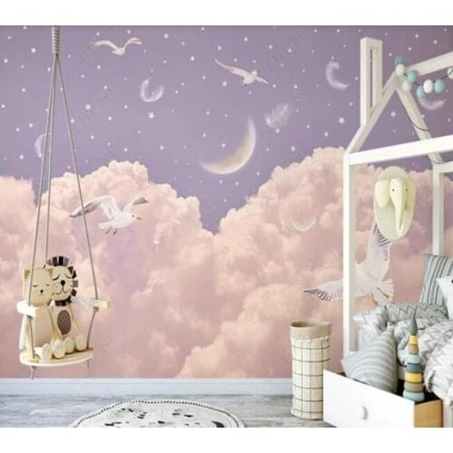 Papel de parede Pink clouds feather starry romantic childrens room wallpaper mural,living room home decor
