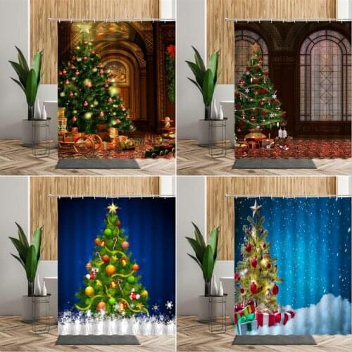 Green Christmas Tree Shower Curtains Cartoon Snowman Decoration Bath Curtain Fabric For Children New Year Home Bathroom Decor