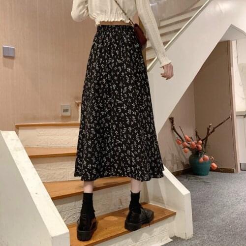 Traf 2021 Summer Women Korean Fashion Floral Midi Chiffon Skirts Black White High Waist Fairycore Vintage Tangada Harajuku Y2K