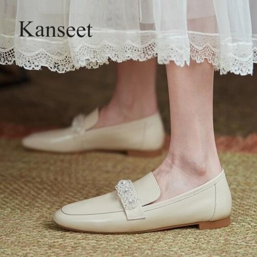 Kanseet New Arrival 2021 Womens Pumps Spring Autumn Fashion Beads Decoration Round Toe Footwear Elegant Handmade Low Heel Shoes