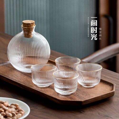 Japanese vertical grain sake set creative glass white wine yellow pot cup household wineware separator wooden tray