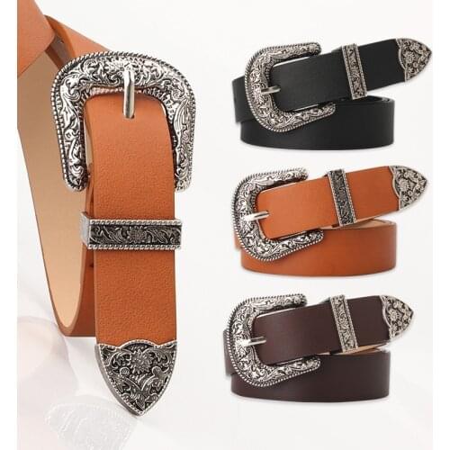 Womens Vintage Carved Pin Buckle PU Leather Belt Casual Fashion Wild Belt Jeans Dress Waistband