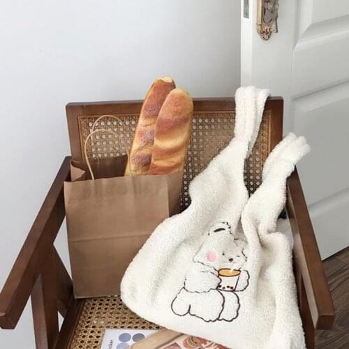 Little Bear Embroidered Lamb Wool Shoulder Bag Large Capacity Women Tote Bag M68C