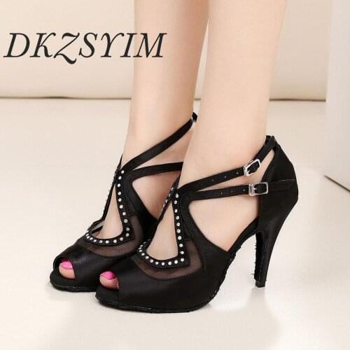 DKZSYIM Shoes Latin Dance Womens Satin + Rhinestone Meshi Professional Girl Ballroom Ladies Tango Salsa Boots Double Buckle