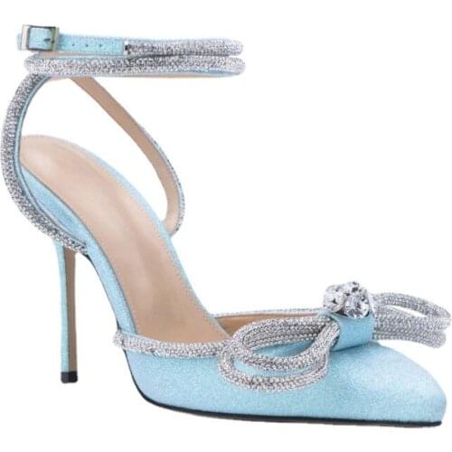 2021 Sequined High Heel Pumps Women Pointed Toe Crystal Bow-Knot Ankle Strappy Slingback Sandals Sexy Party Wedding Shoes