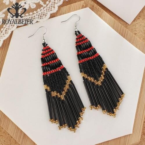 ROYALBEIER Summer Handmade Boho Long Tassel Bead Dangle Earrings For Women Retro State Colorful Drop Earrings Fashion Jewelry