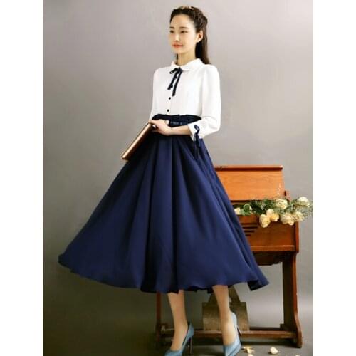 Free Shipping High Quality Retro Peter Pan Collar Bowknot Color Block Woman A Patterned Chiffon Long Dress