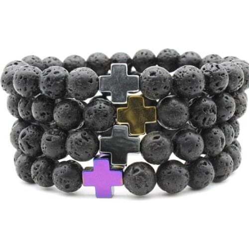 8mm hd2 gold cross Magnetite adjusted zircon cubic zirconia Bracelet black volcanic lava Stone bead essential oils diffuser