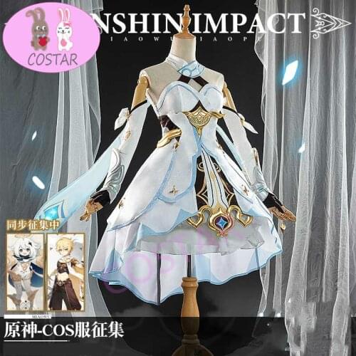 Anime Genshin Impact Traveler Lumine White Elegant Dress Lovely Uniform Cosplay Costume Halloween Suit For Women Outfit New 2020