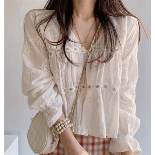 Sexy V-neck Women Shirt Sweet Lace Daisy Print Crop Tops Fashion Korean Pure Color Ruffled Blouse Long Puff Sleeve Sweater