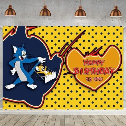 Black Dots Yellow Board Tom Cat Jerry Mouse Photo Background Kids 1ST Birthday Family Party Backdrop Dinner Table Decor Poster