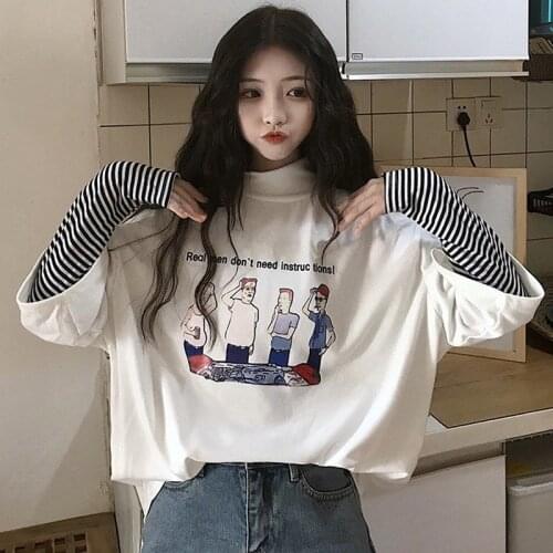 T-shirt Women Long Sleeve Fake Two Piece Lovely Printed Students Vintage Casual Daily Womens Loose All-match Turtleneck Clothing