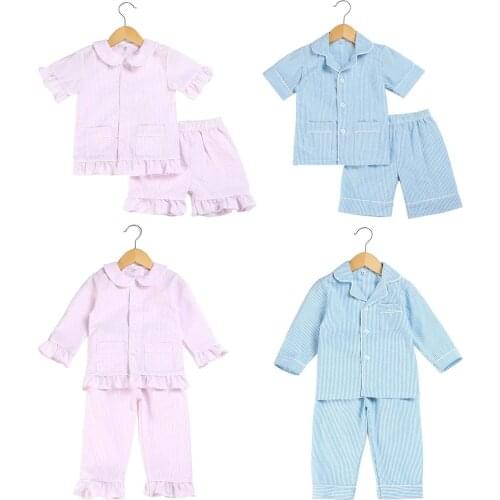 Cotton Stripe seersucker Summer Pajamas sets stripe boutique home sleepwear for kids 12m-12years button up pjs