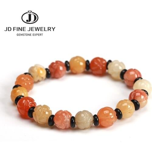 JD Handmade Tibetan Buddhist Thread Lucky Bracelet 10mm Natural Gold Jade Beads Carved Flower OM Mani Padme Hum Bangle