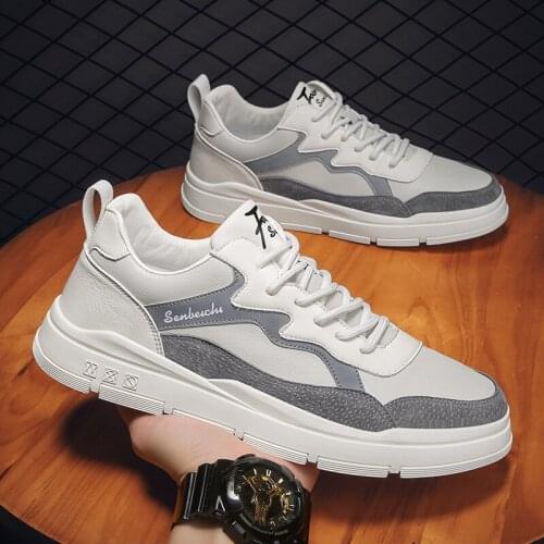 European New Men Leather Casual Shoes Male Street Trend Lace-up Leisure Flat Skate Shoes Fashion Sneakers