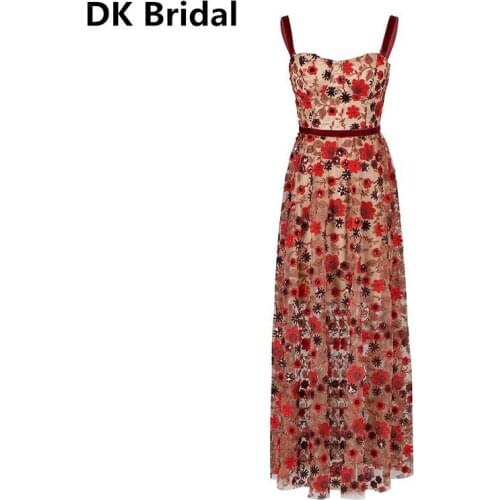 Fashion Sequin Evening Dress Long Spaghetti Strap Embroidery Flowers Evening Dress Celebrity Party Sexy Summer Elegant Vestidos