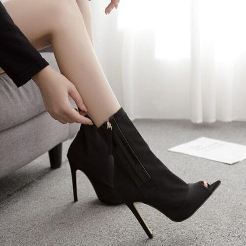 MHYONS Fashion Black Stretch Ankle Boots Women Sexy Stiletto High Heels Woman Shoes Spring Autumn Peep Toe Botas Mujer